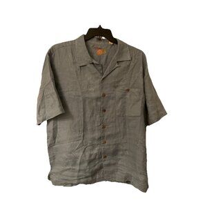 Caribbean Men's Large Linen Short Sleeve Shirt Blue Button Up Hawaiian Tropical